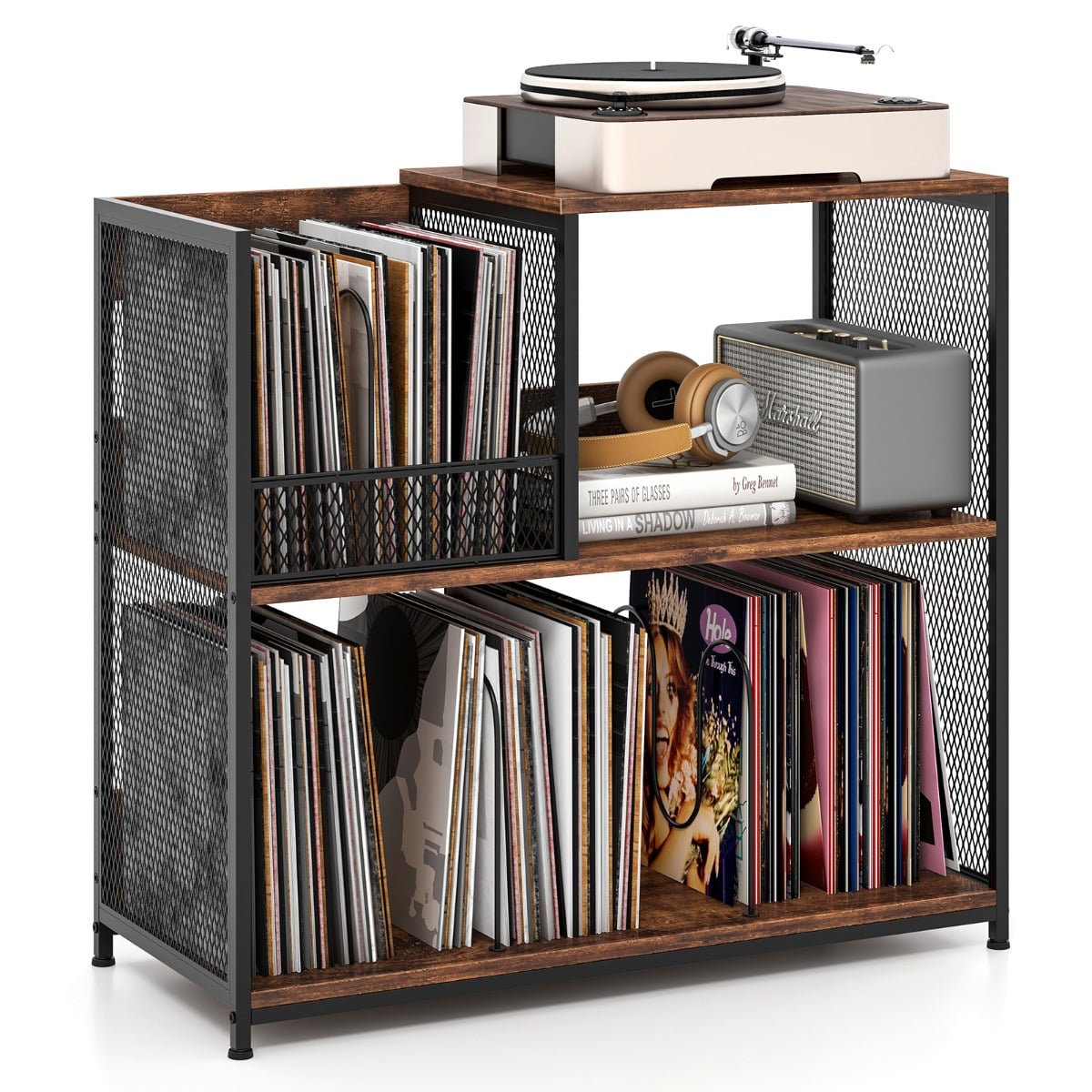 3-Tier Record Player Stand with Vinyl Storage and 3 Removable Dividers-White