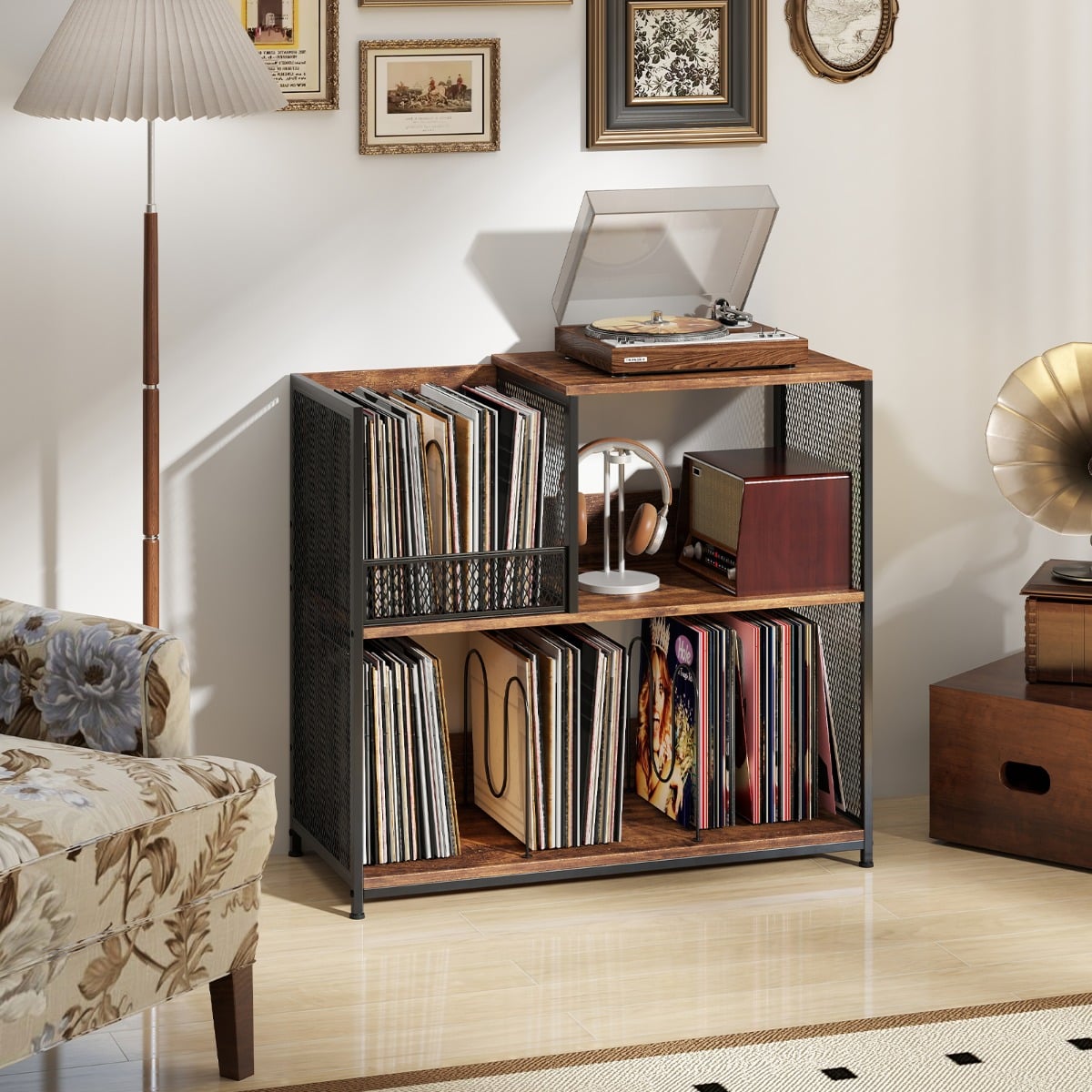3-Tier Record Player Stand with Vinyl Storage and 3 Removable Dividers-White