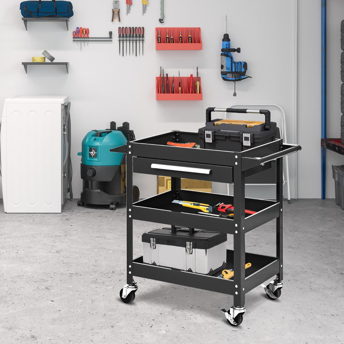 3 Tier Tool Trolley with Drawer and 4 Wheels-Red