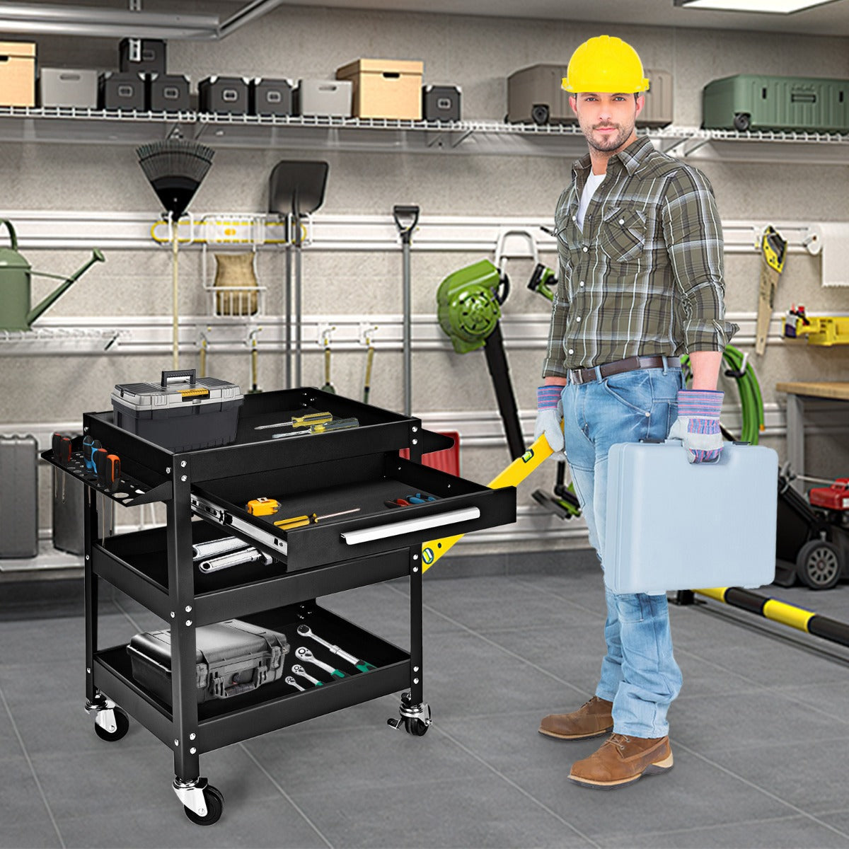 3 Tier Tool Trolley with Drawer and 4 Wheels-Red