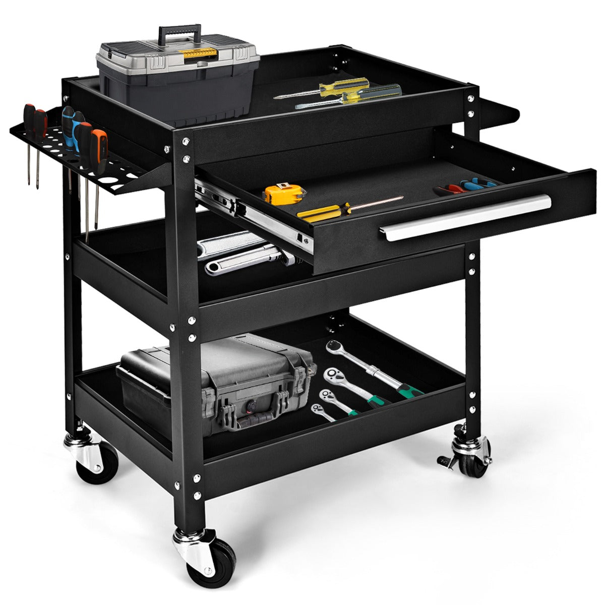 3 Tier Tool Trolley with Drawer and 4 Wheels-Red