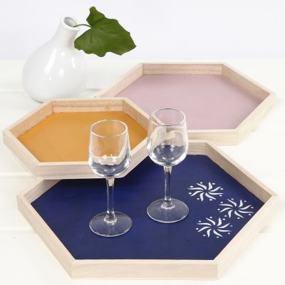 3 x Assorted Size Empress Wood Hexagonal Trays Serving Decoration Crafts  21 -26 and 31 cm