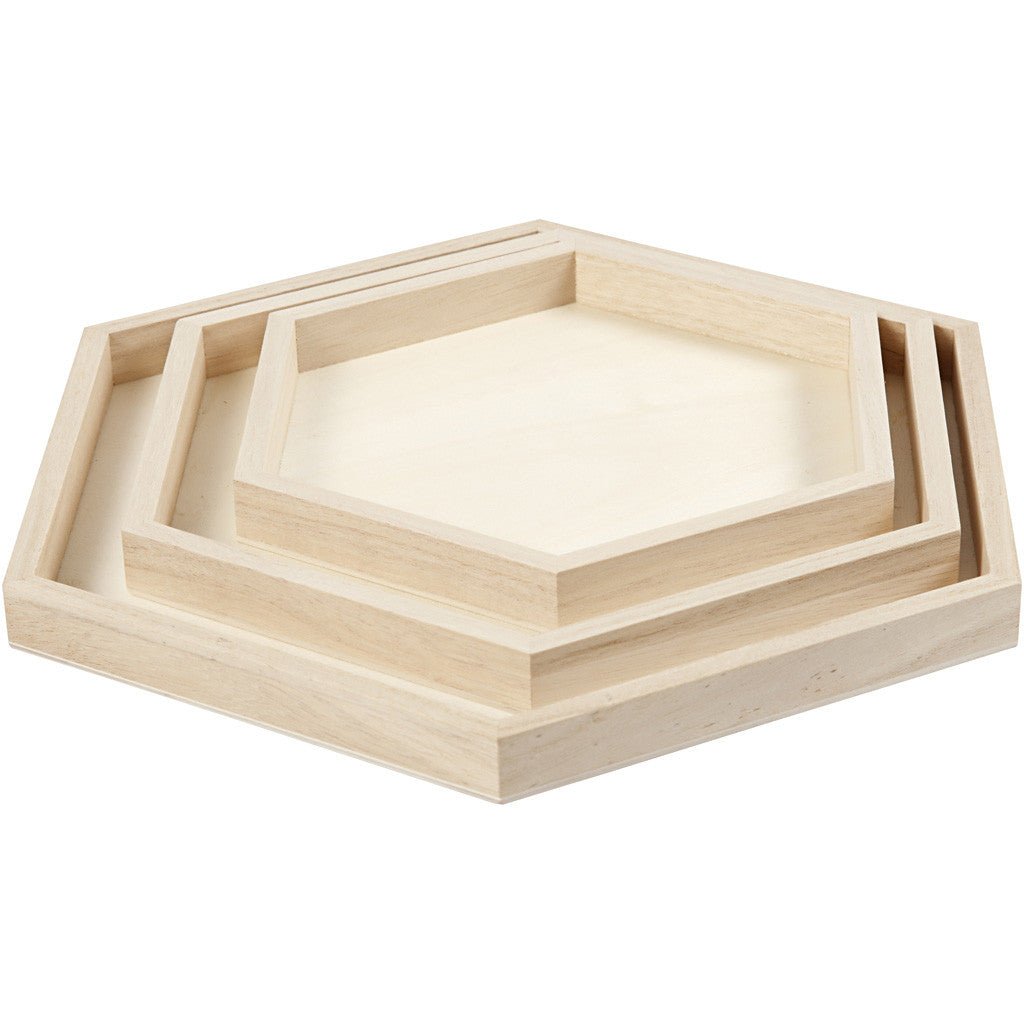 3 x Assorted Size Empress Wood Hexagonal Trays Serving Decoration Crafts  21 -26 and 31 cm