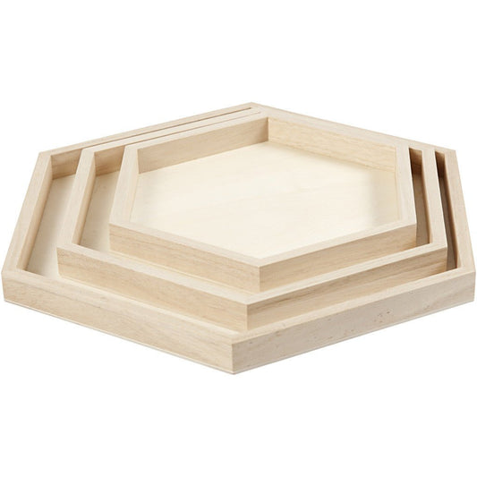 3 x Assorted Size Empress Wood Hexagonal Trays Serving Decoration Crafts  21 -26 and 31 cm