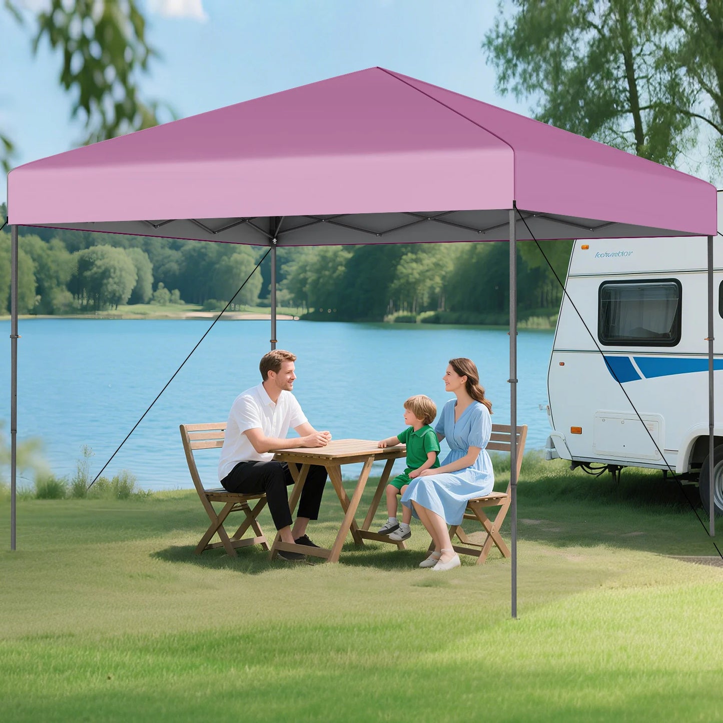 300 x 295 cm Pop up Canopy Tent with Portable Carrying Bag and Wind Ropes-Blue