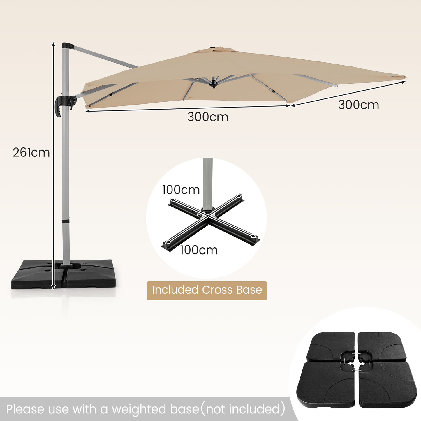 300cm Patio Cantilever Umbrella with 360° Rotation and Adjustable Tilt-Beige