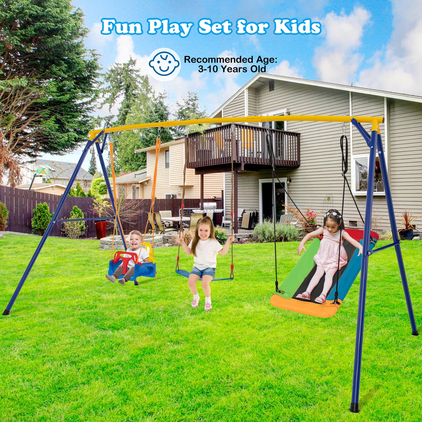 300 kg Indoor Outdoor Swing Set Carbon Steel Swing Frame-Blue & Yellow