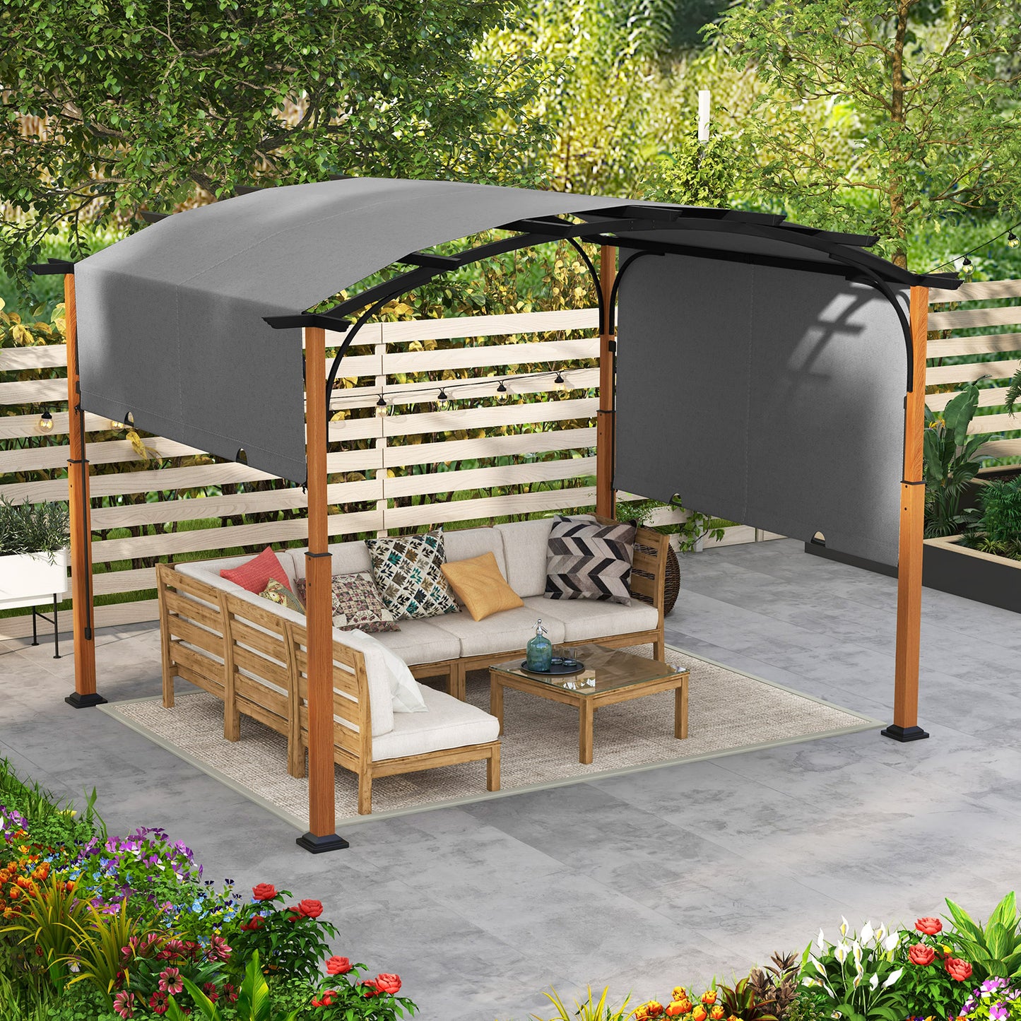 300 x 360 cm Retractable Pergola Arched Patio Pergola with Sun Shade Canopy-Beige
