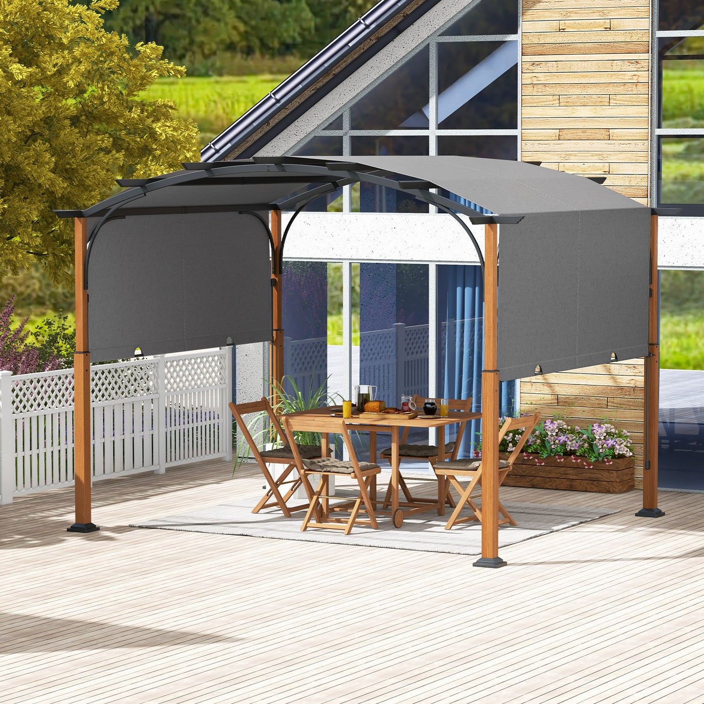 300 x 360 cm Retractable Pergola Arched Patio Pergola with Sun Shade Canopy-Beige