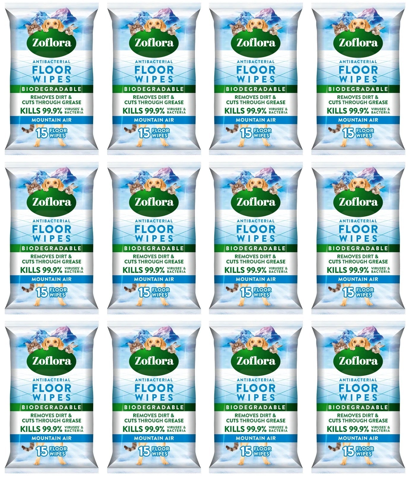 12 x Zoflora Floor Wipes Mountain Air  - 15 PACK