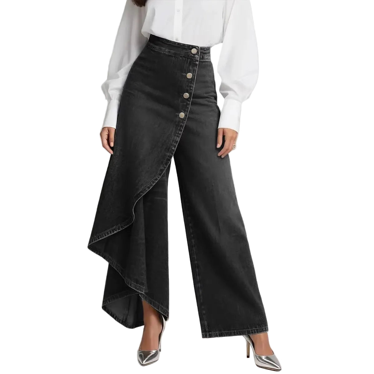 Ruffled Buttoned Trousers, Women's Faux Denim Pants| Premium Modest Fashion