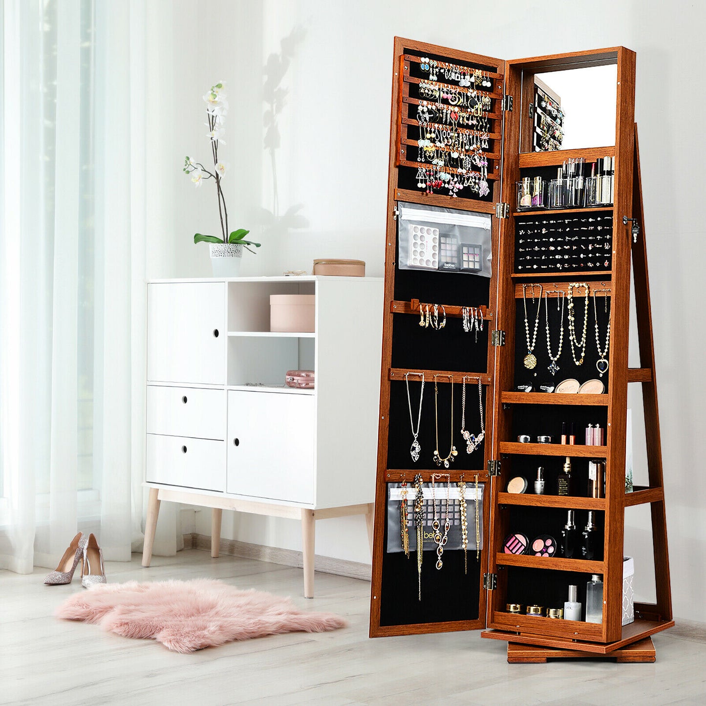 Full Length Mirrored Jewellery Cabinet Rotates 360° with Open Display Shelves-Brown