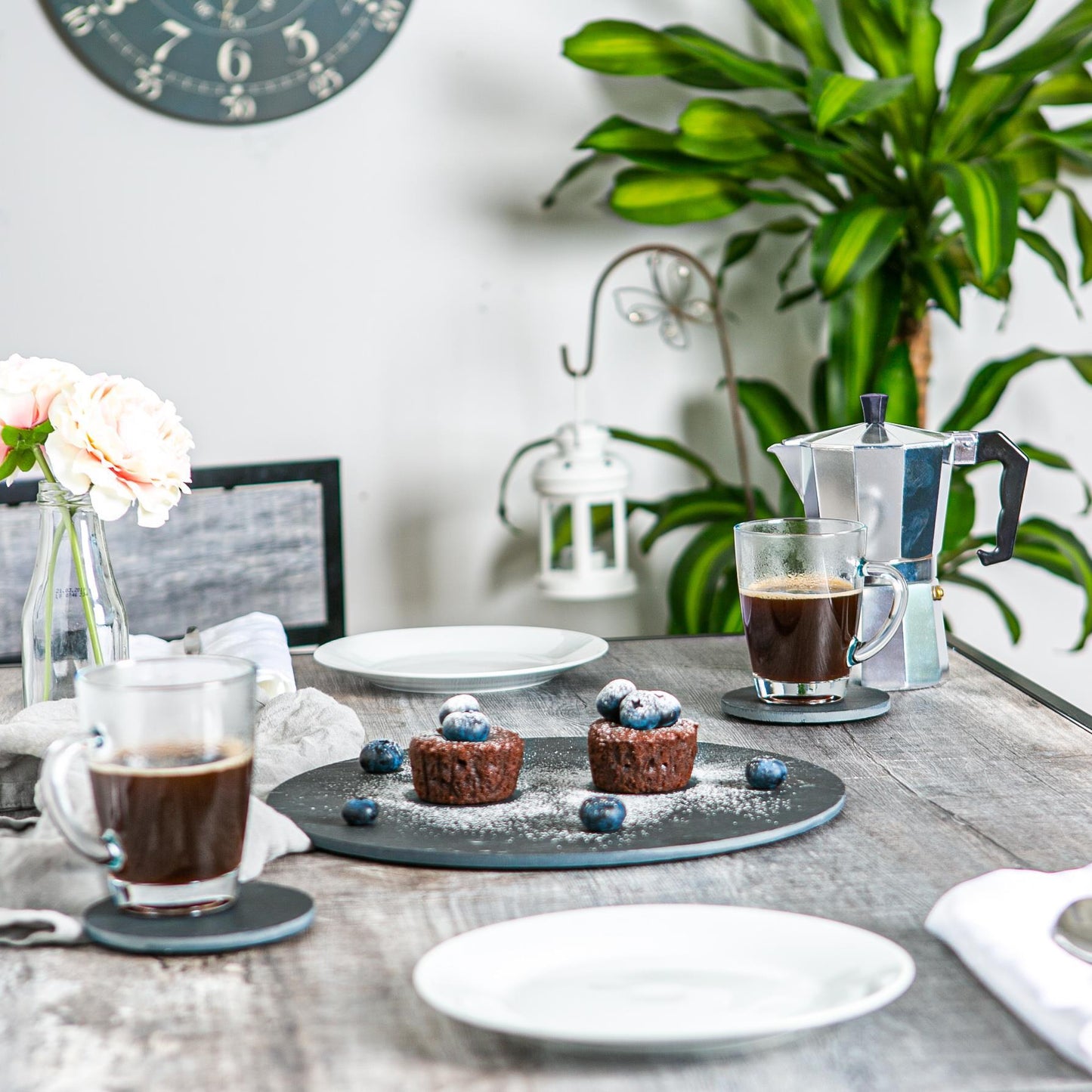 Black Round Linea Slate Coasters - Pack of Six