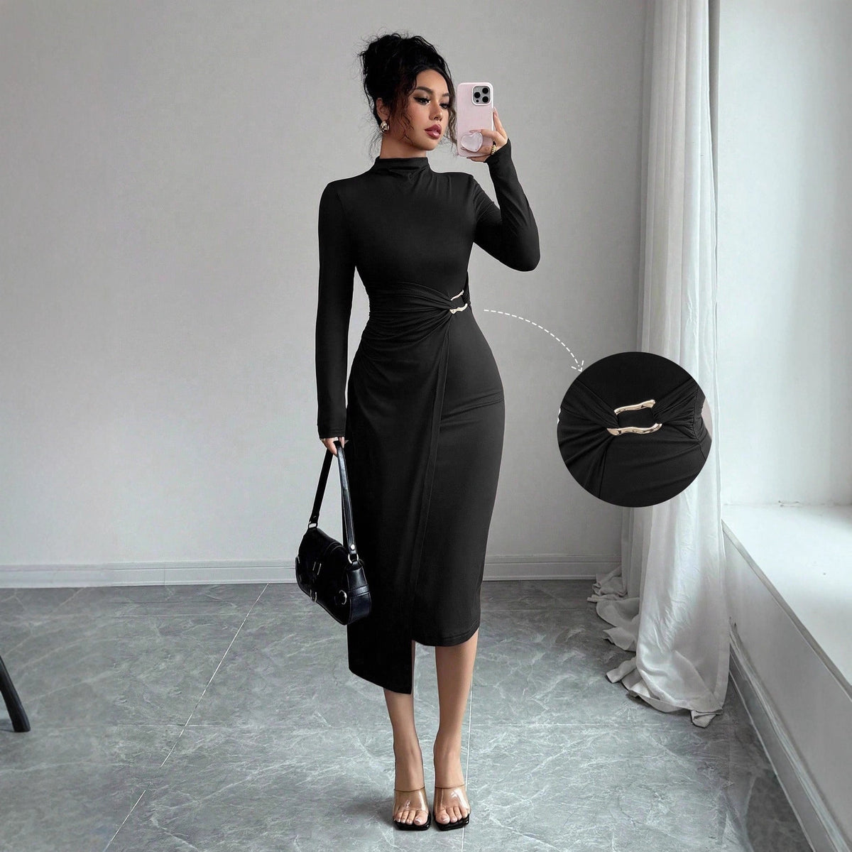 Small Stand-up Collar Knit Solid-color Dress With Metal Buttons