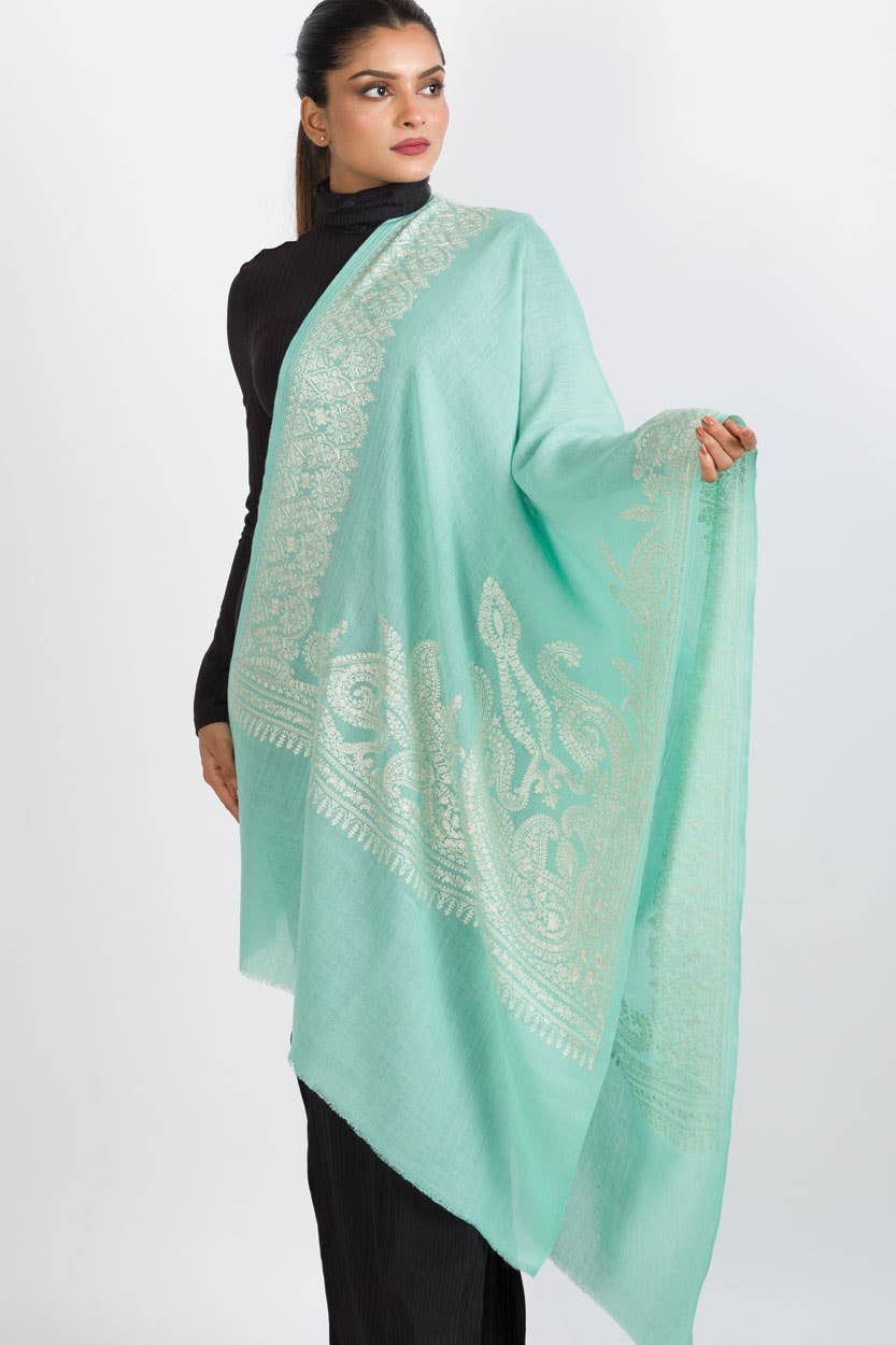 MerinWool Embroidered Shawl Wrap – Mint Green Kashmir-Inspired Border/Cozy Autumn/Winter Scarf