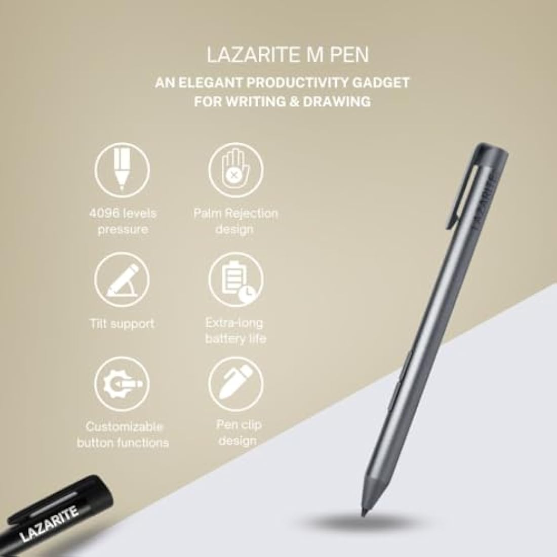 LAZARITE M Pen Grey, Active Stylus for Microsoft Surface, Lenovo Flex 5/14, Yoga 7i/9i, Hp Envy x360/Pavilion x360/Spectre x360, 4096 Pressure Sensitivity, Palm Rejection, Tilt Support