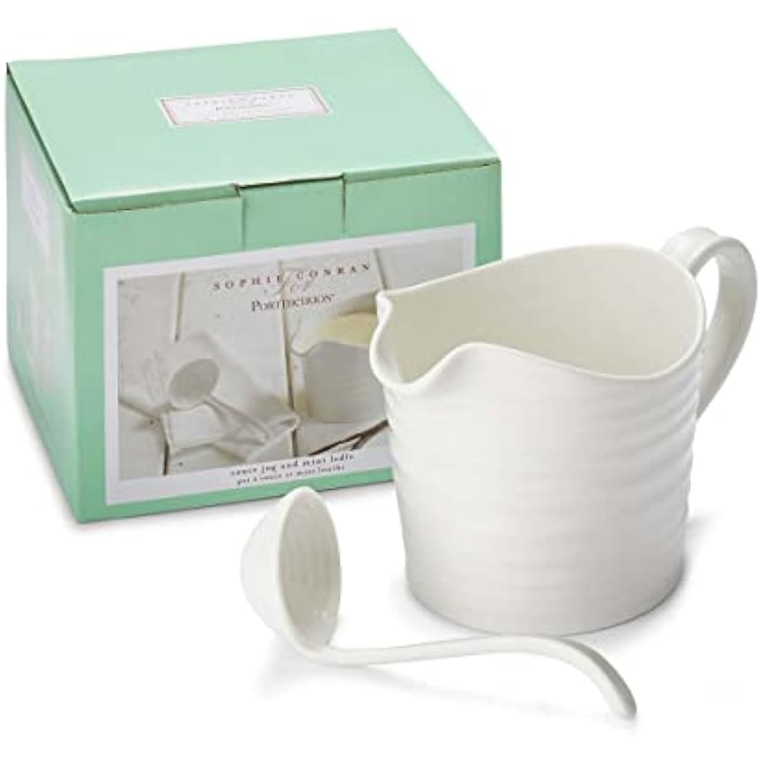 Portmeirion Home & Gifts CPW78895-XP Sauce Jug & Mini Ladle, Porcelain, White, 18.5 x 11 x 13 cm