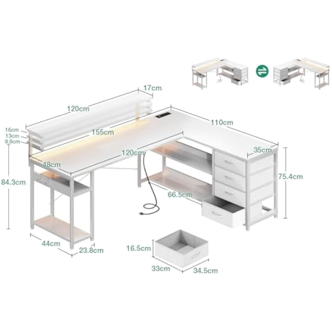 ODK Corner Desk with Drawers, L Shaped Gaming Desk with LED Lights & Power Outlets, Reversible Computer Desks for Home Office Workstation, Office Desks with Monitor Shelf, 155×110 cm, White