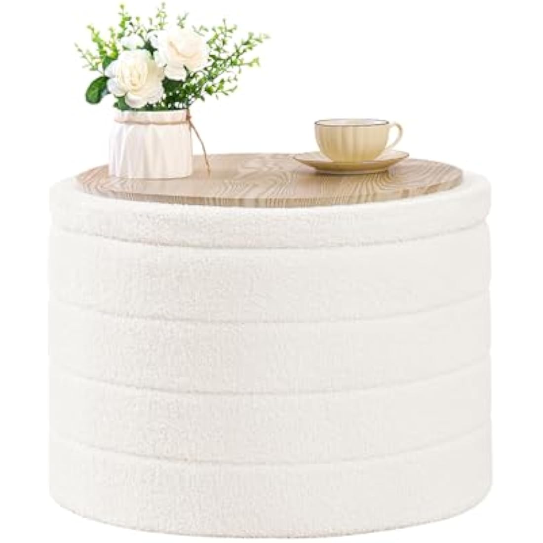 Bonlife Large Round Ottoman with Storage,Folding Boucle Stool,Ottoman Coffee Table,Chest Toy Box,Footstool for Living Room,Bedroom,White,56x56x40cm