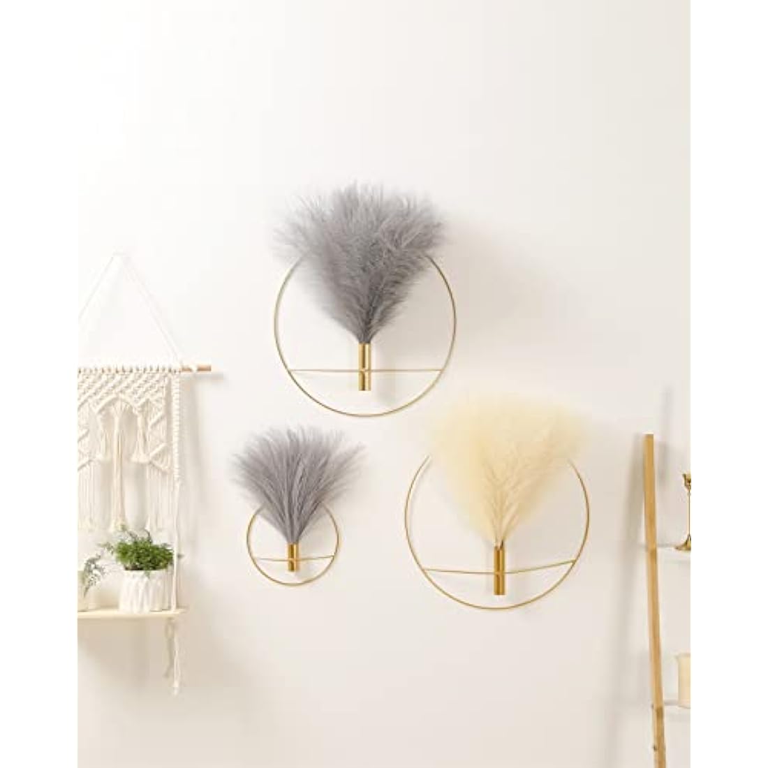 Pretty Jolly Wall Decor, Wall Metal vase Decoration Holder, Wall-Mounted Artificial Flowers, Golden Wall Decor Fake Pampas 2 Pack, Wall Art Artificial Greenery, Farmhouse, Boho