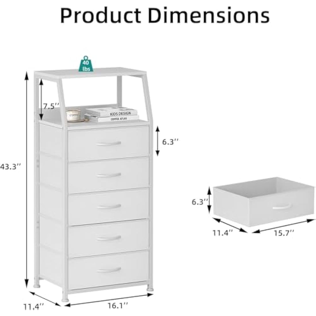 CAIYUN Chest of Drawers Bedroom with 5 Drawers, Tall Fabric Dresser with Shelf, Fabric Dresser for Entryway Hallway Living Room, Closet Storage Drawer, White