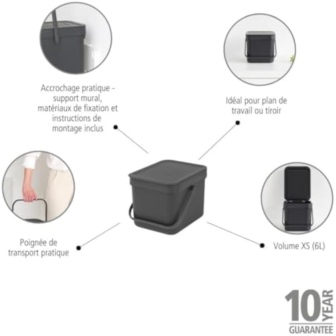 Brabantia Sort & Go Food Waste Bin (6L / Grey) Small Countertop Kitchen Compost Caddy with Handle & Removable Lid, Easy Clean, Fixtures included for Wall/Cupboard Mounting, Grey