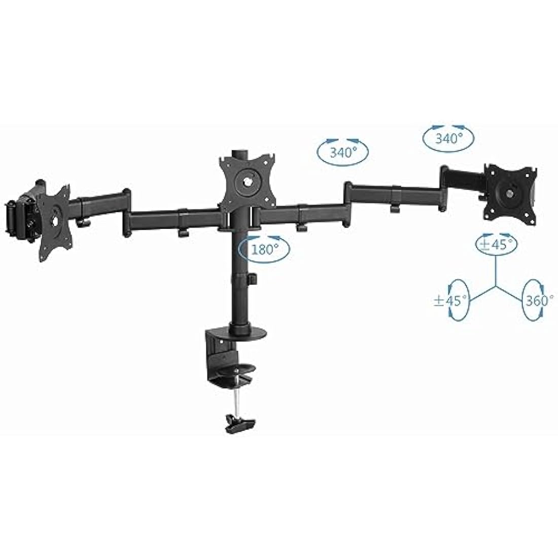 PureMounts PM-OFFICE-03 Desk Mount for 3 Monitors 33-69 cm (13-27 Inches) Tilts -45° to 45° Swivels 180° Rotatable 360° Height Adjustable Maximum Load 8.0 kg VESA 100 x 10000 Black