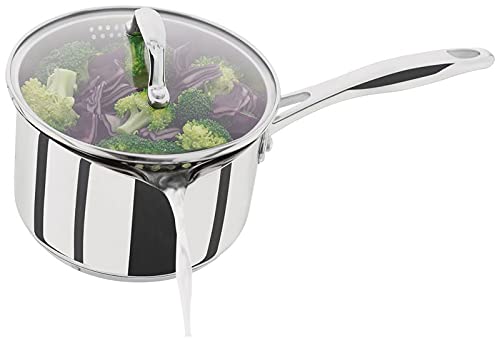 Stellar Profile Stainless Steel Draining Saucepan with Glass Lid 16cm 1.6L, Induction Ready, Oven Safe, Dishwasher Safe
