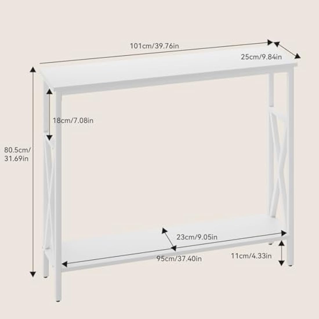 YMYNY Console Table, Industrial Entryway Table for Hallway, Narrow Sofa Table with Shelves, Metal Frame, Compact Display Table for Small Spaces, Living Room, 101×25×80.5CM White HST007W