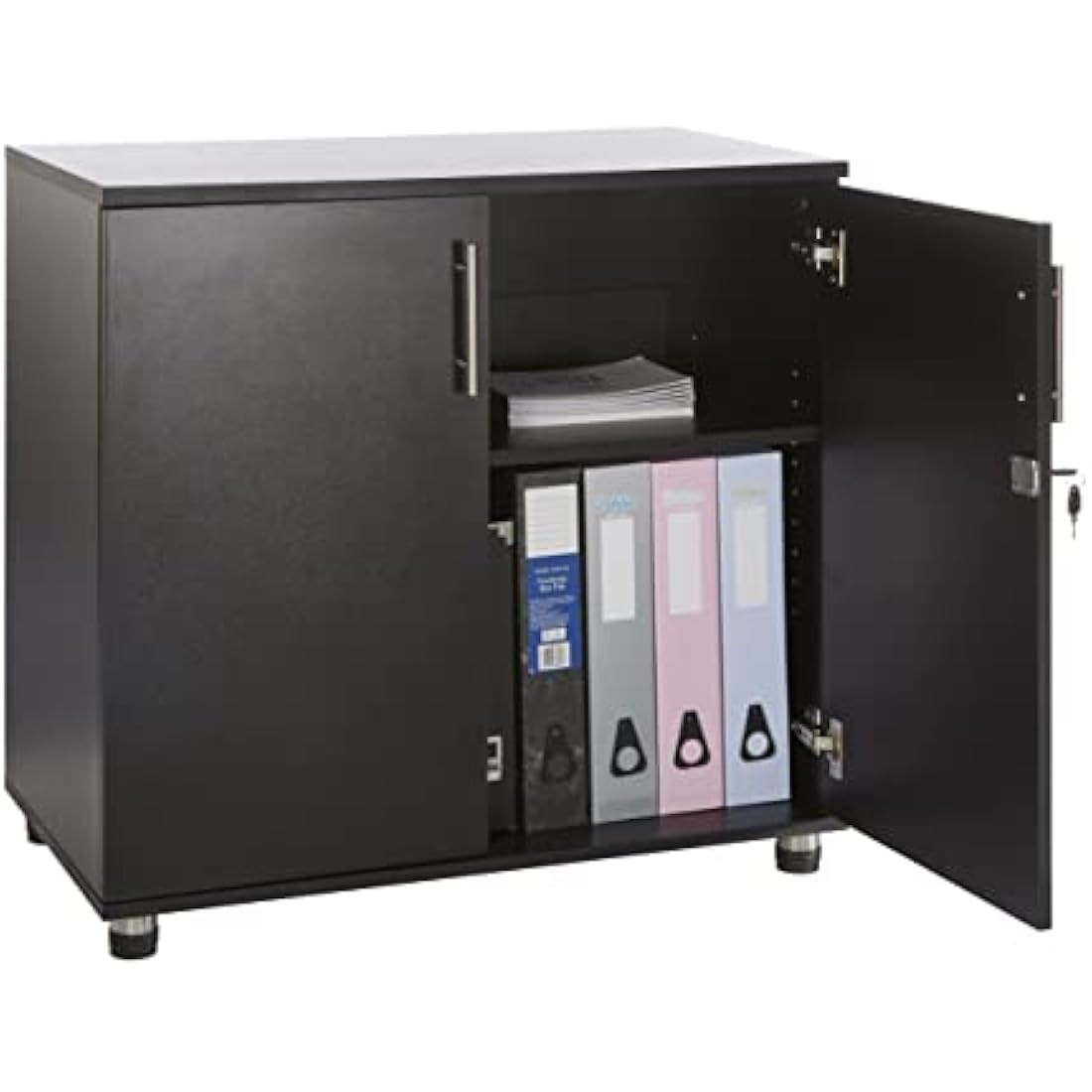 MMT Furniture Designs Ltd Black Storage Cabinet Cupboard Desk Height 2 Door Bookcase with Lock 75cm Tall Desktop Extension Height