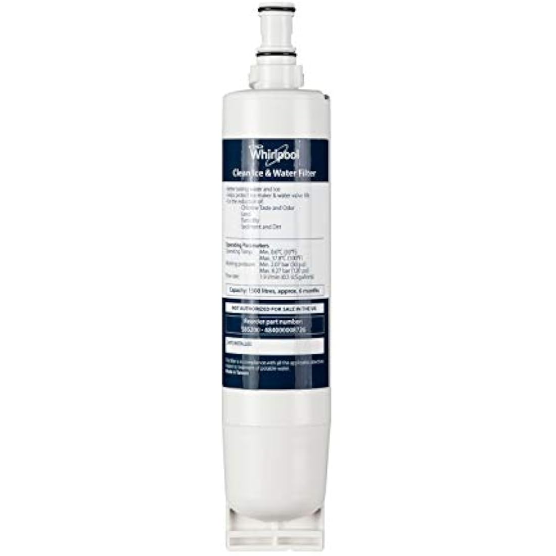 Whirlpool SBS200 Side-by-Side Refrigerator Water Filter, 0.287 kg, Activated Carbon, 6x6x30 cm, 6 Months, 1500 Liters, NSF Certified, White