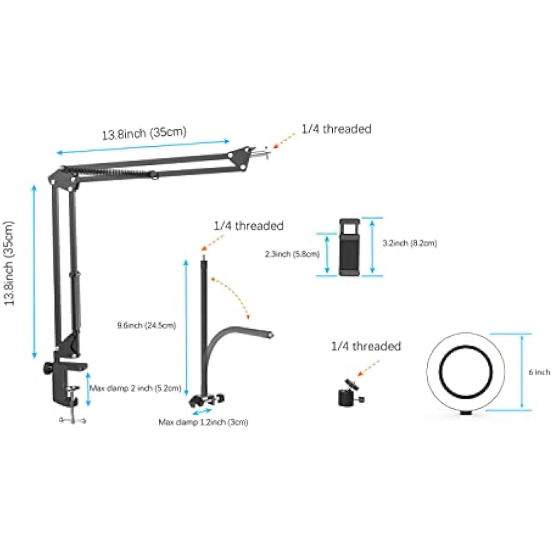 Overhead Phone Mount with Ring Light, Flexible Articulating Phone Arm Stand Compatible with iPhone, Logitech Webcam, Desk Tripod for YouTube Live Stream Cooking Nail Video Recording