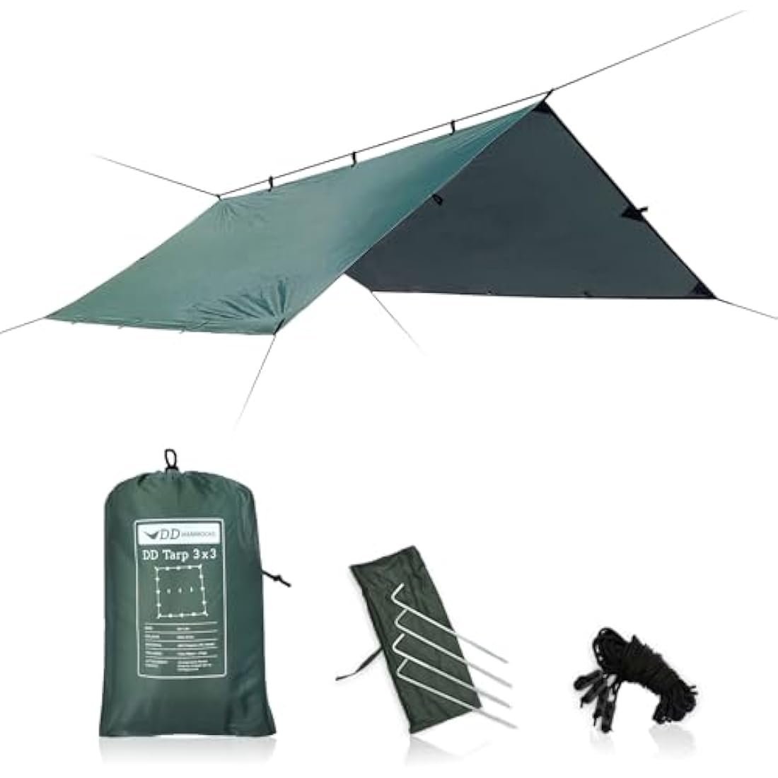DD Hammocks - DD Tarp 3x3 - Olive Green - Lightweight, 100% Waterproof Tough Shelter with Pegs & Guy Lines for Camping Bushcraft & Hiking