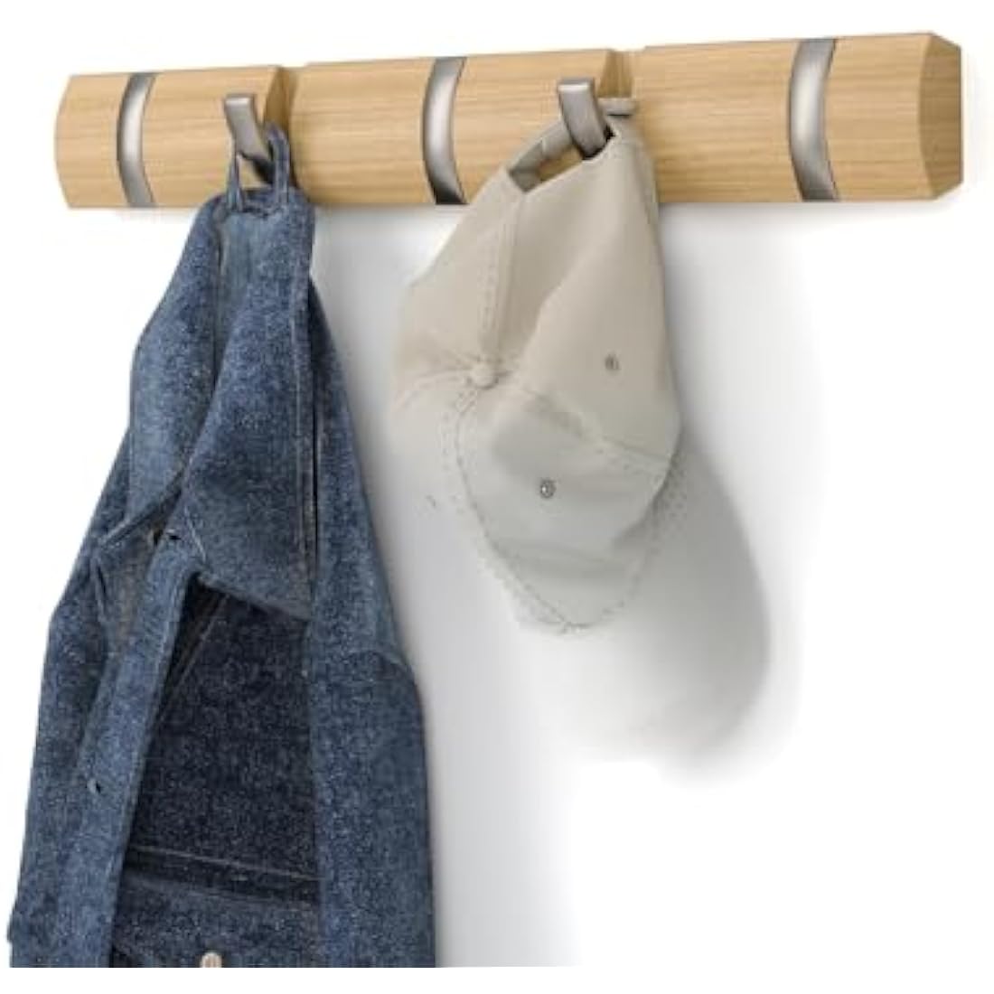 Umbra Flip 5-Hook Wall Mounted Coat Rack, Modern, Sleek, Space-Saving Coat Hanger with 5 Retractable Hooks to Hang Coats, Scarfs, Purses and More, Natural, Natur