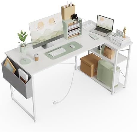 BEXEVUE Small L Shaped Desk with Power Outlets - 100x70cm Corner Computer Desk Writing Table, Reversible Large Storage Shelves, Bookshelf Workstation