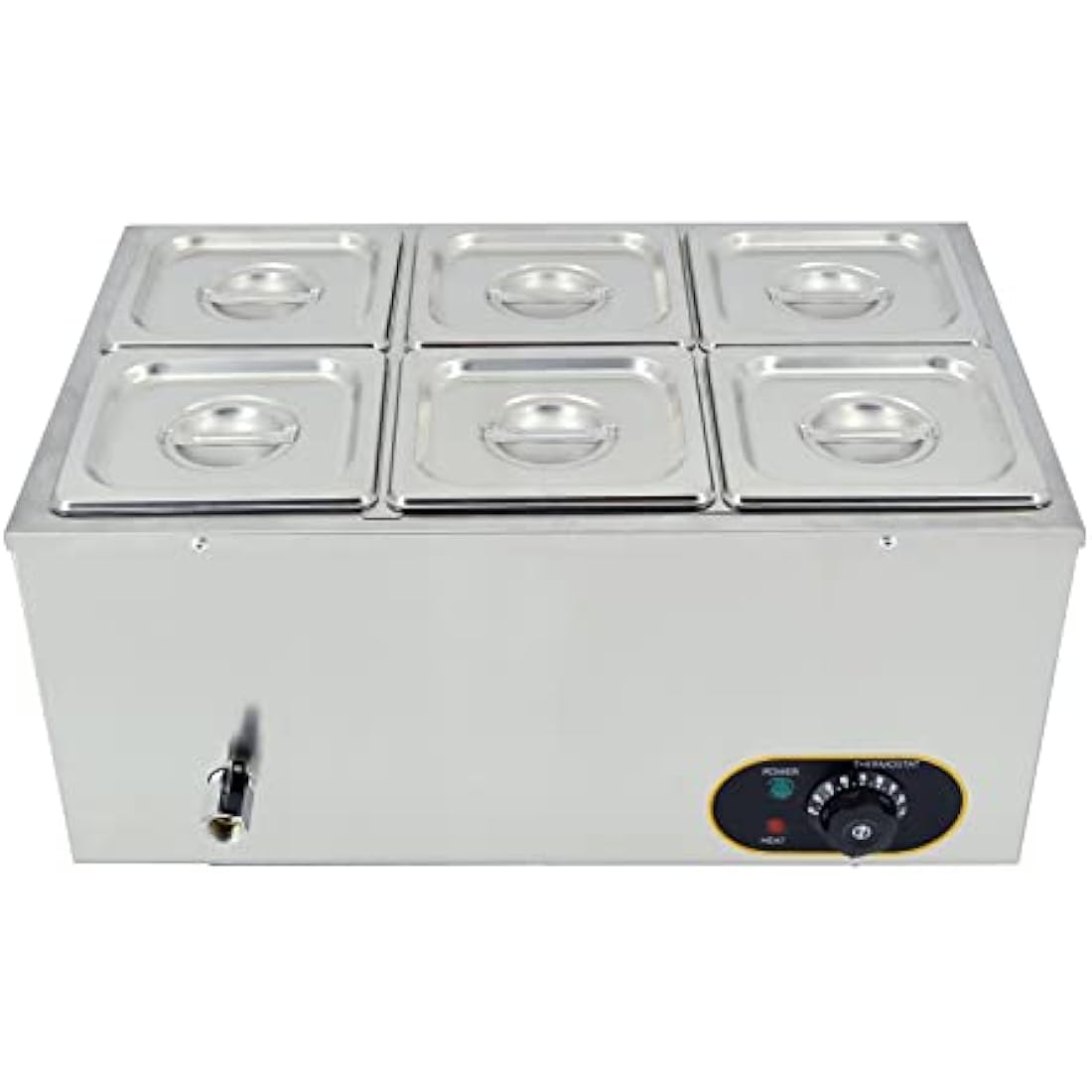 Commercial Food Warmer Stainless Steel Bain Marie Buffet Warmer 1500W, Temperature Range 30-85 °C, GN 1/6 Containers -150mm x6 Pans with Lids, Drain Tap