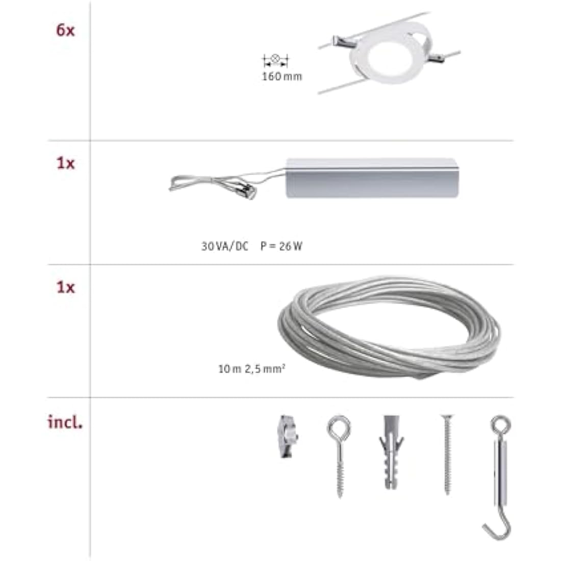Paulmann 941.06 RoundMac LED Wire System Spot Lights - Tension Wire Lighting Set w/ 6 Round Lamps, 10m Cable Wire & Transformer - Indoor Lighting for Ceiling or Wall in White Matte max 24W 2700K