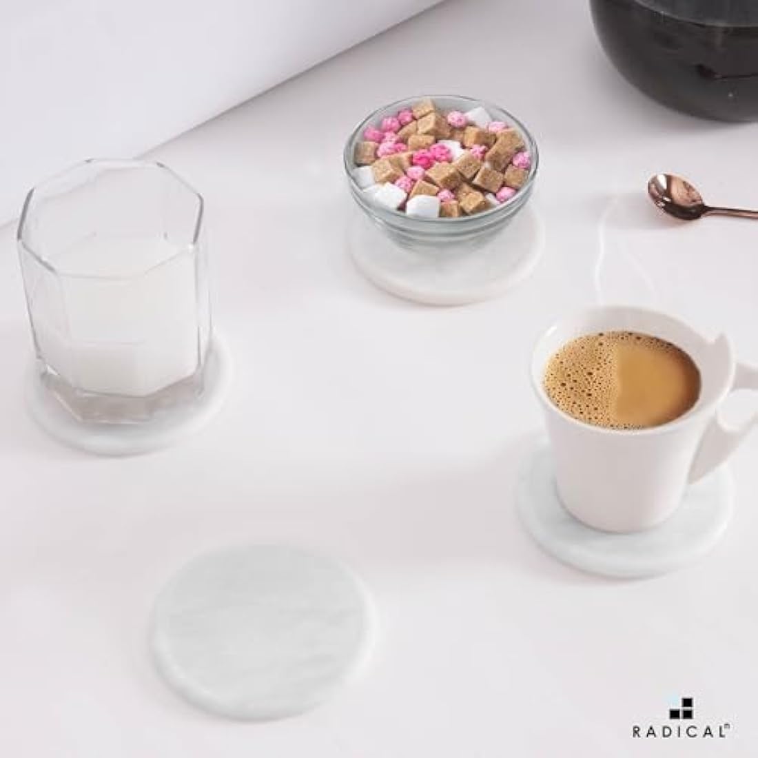 Radicaln Marble Coasters for Drinks - 3.5 Inch Set of 6 White Round Coasters with Holder - Perfect for Coffee Table & Home Office