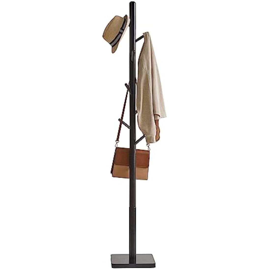 YMYNY Coat Rack Stand with Square Base, Wooden Coat Tree, Hall Tree Free Standing with 8 Hooks, Clothes Stand for Coats, Hat, Handbag, Umbrella, for Office, Hallway, 29 x 29 x 176CM Black HCR002B