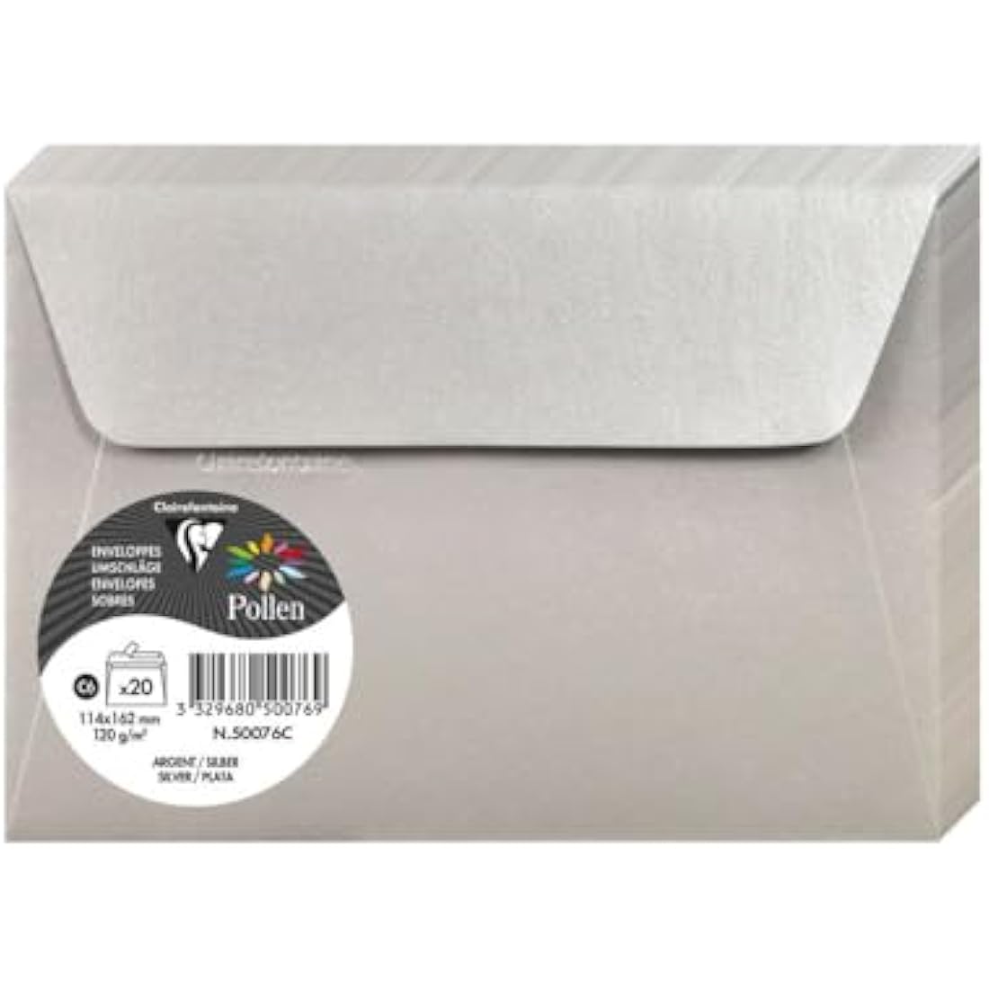 Clairefontaine - Ref 50076C - Pollen Iridescent Adhesive Envelopes (Pack of 20) - C6 (114 x 162mm) in Size, 120gsm Paper, Easy-to-Peel Adhesive Strip - Silver