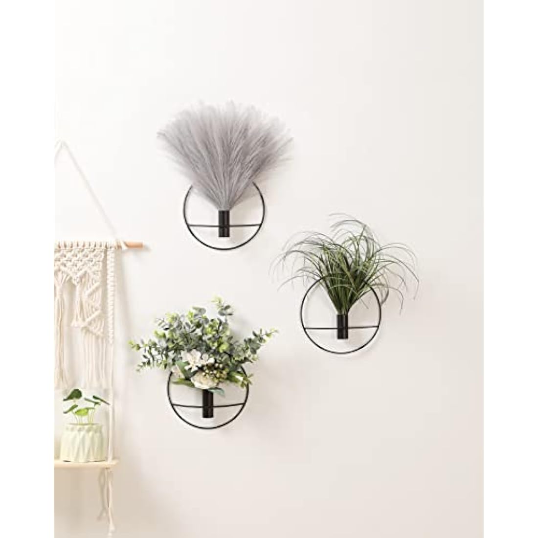 Pretty Jolly Wall Decor Metal Vase Decoration Holder, Mounted Artificial Flowers, Black Fake Pampas 2 Pack, Art Artificial Greenery, Farmhouse, Boho