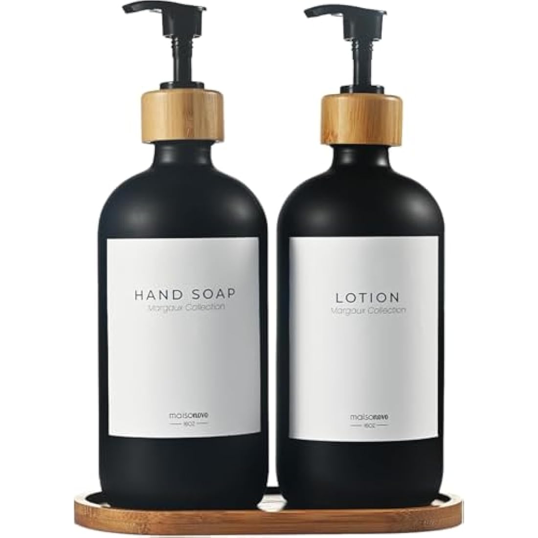 MaisoNovo Bathroom Soap and Lotion Dispenser Set of 3, 500ml Black Soap Dispenser Bamboo Pumps With Labels and Bamboo Tray