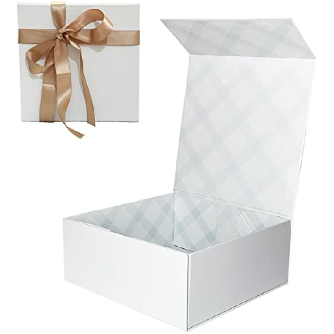 Tekhoho White Gift Box 22x22x10cm, Premium Present Box with Magnetic Lid and Ribbon for Holidays Wedding Birthday Gift Packaging, Plaid Lining