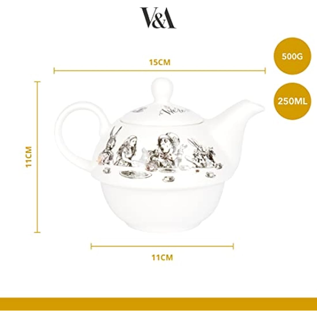 V&A Alice in Wonderland Teapot and Cup Set For 1 in Gift Box, Fine China Tea Set, White, 250 ml