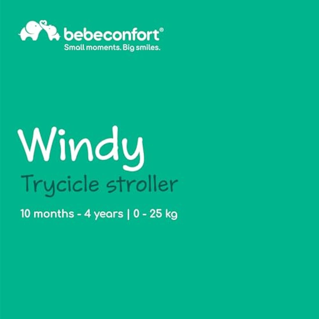 Bebeconfort Windy, Baby Trike with Parent Handle, 10 Months - 4 Years, 0-25 Kg, Adjustable to Child, Comfortable and Reversible Seat, Protective Canopy, Compact Fold, Toddler Bike, Tinted Grey