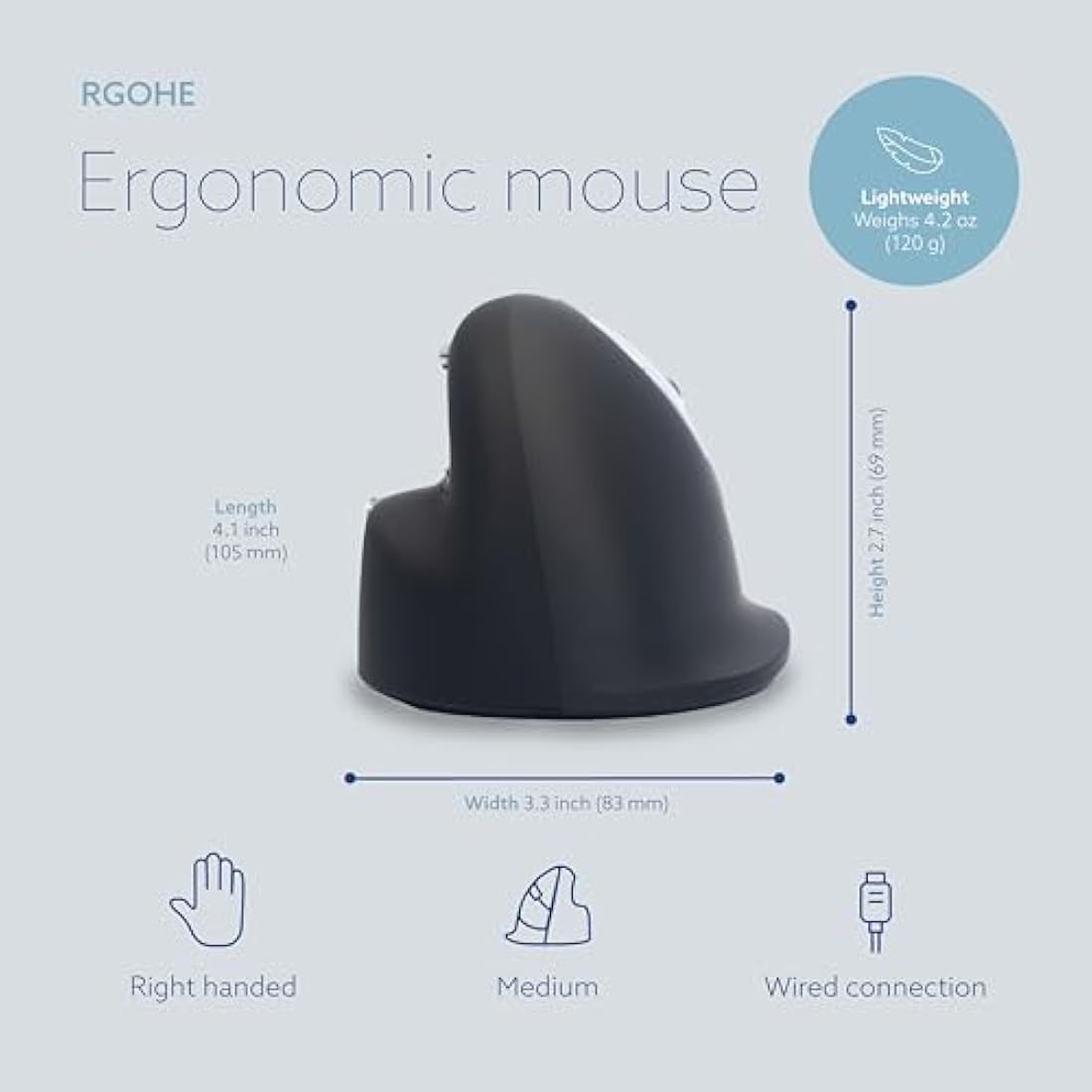 R-Go Tools HE Ergonomic mouse, Medium (165-193mm), Right Handed, wired, 500-3500dpi, black, RGOHE