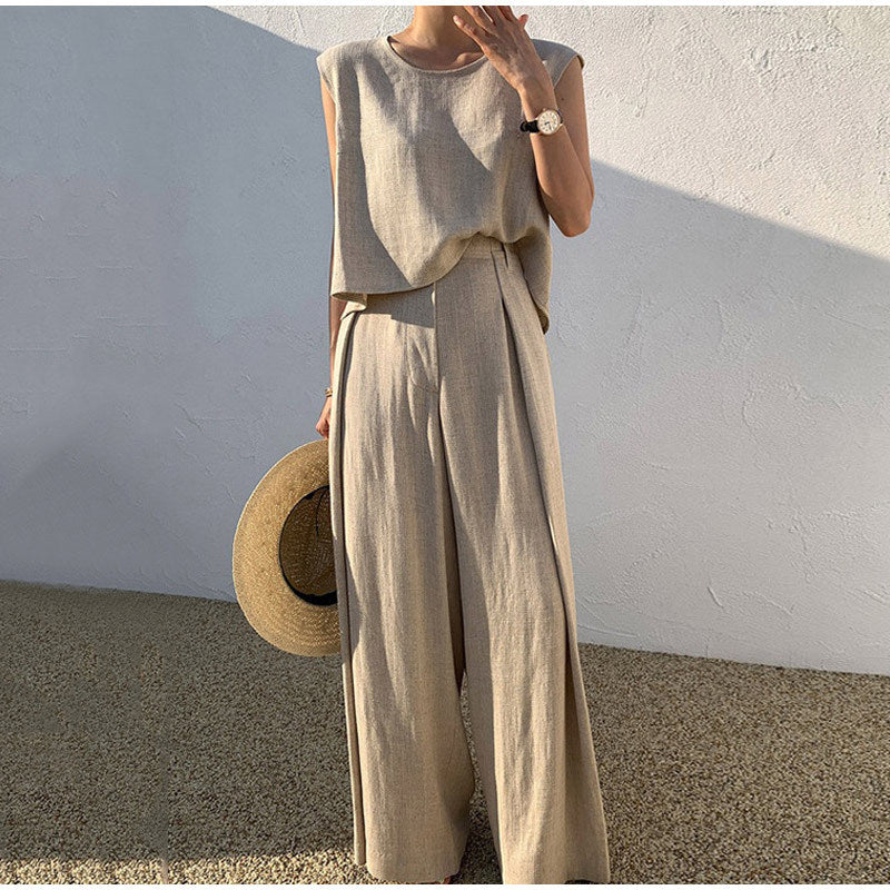 Cotton And Linen Casual Sleeveless Top Wide Leg Pants Two-piece Set