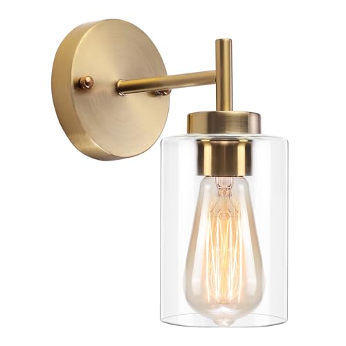 QAREHL Gold Wall Lights, Antique Brass Wall Lights with Glass Shade Vintage Bathroom Wall Light Fixture for Living Room, Bedroom, Hallway, Porch, 1