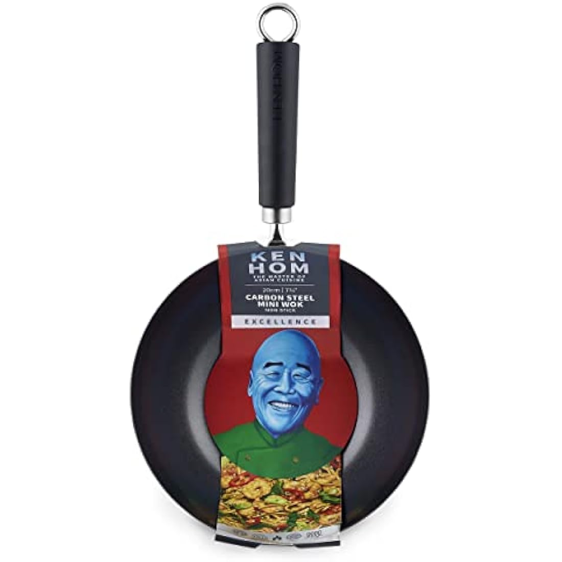 Ken Hom Carbon Steel Mini Wok, 20cm, Excellence, Induction Hobs Suitable/Metal Tool Safe/Phenolic Handle, Includes 1 x Chinese Wok Pan, KH420001