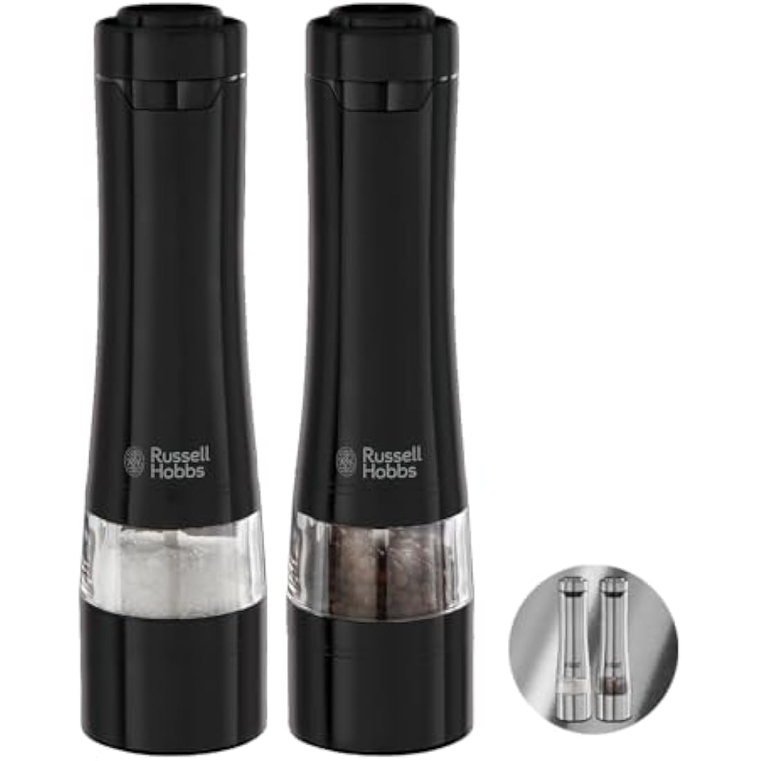 Russell Hobbs 28010-56 Electric Salt and Pepper Mill Set [2 Automatic Grinders] Black Stainless Steel (Adjustable Grinding Fineness, Ceramic Grinding Wheels, for Dried Spices, LED Lighting)
